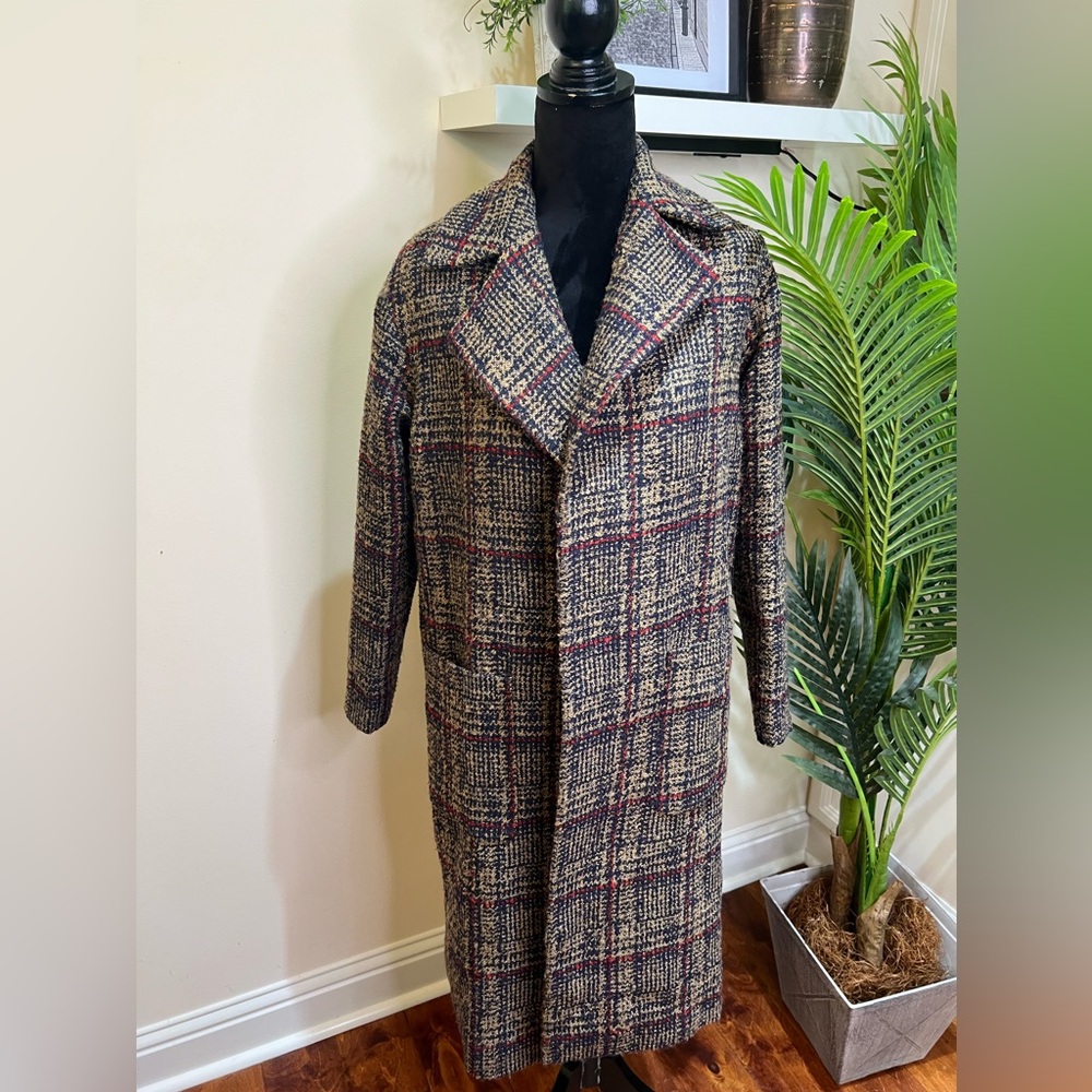 Express Plaid Wrap Oversized Tan Navy Red Trench Coat w/ Removable Belt XS - Picture 3 of 10